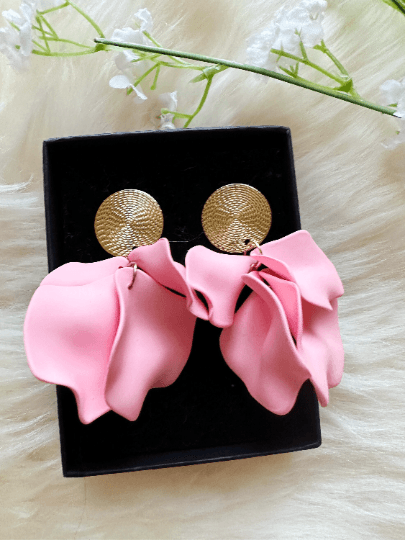 Sweet Pink hanging dangly bridal earrings frosted petals crumpled textured statement | golden geometric floral earrings | christmas - TuttyKnitty