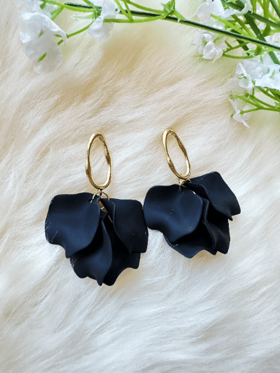 Pure black flowers earrings | frosted petals hoop earrings | statement earrings | golden crumpled geometric floral bridal earrings - TuttyKnitty