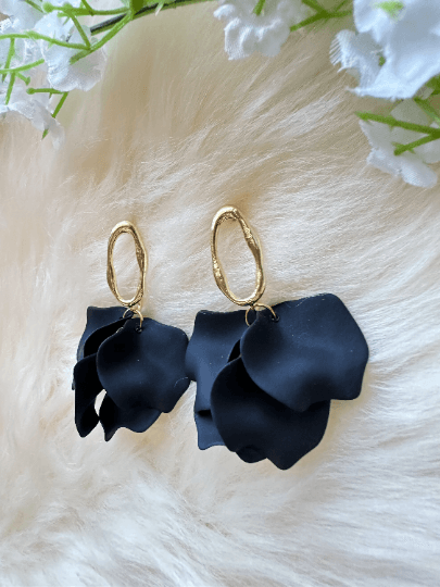 Pure black flowers earrings | frosted petals hoop earrings | statement earrings | golden crumpled geometric floral bridal earrings - TuttyKnitty