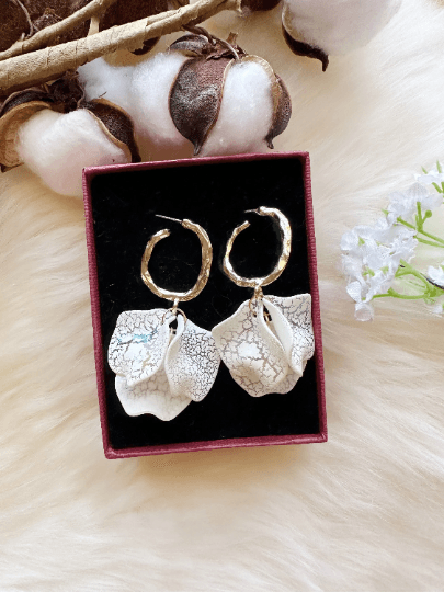 Gold and white frosted flower earrings earrings | baroque pearlescent shell petals earrings | spring floral earrings | bridal party wedding - TuttyKnitty