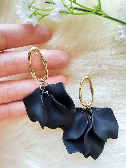 Pure black flowers earrings | frosted petals hoop earrings | statement earrings | golden crumpled geometric floral bridal earrings - TuttyKnitty