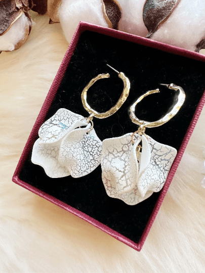 Gold and white frosted flower earrings earrings | baroque pearlescent shell petals earrings | spring floral earrings | bridal party wedding - TuttyKnitty