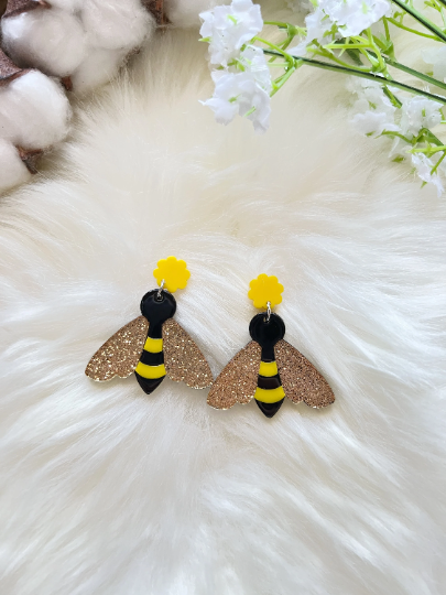 Glitter honey bee earrings | Animal zoo earrings | colourful glitters dangle oversize earrings | christmas fun cute kawaii gift - TuttyKnitty