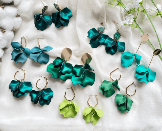 Emerald green iridescent flower earrings | leaf and petals drop statement earrings | unique gold geometric floral earrings - TuttyKnitty