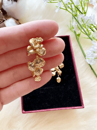 Fallen leaf Flower Gold statement earrings | dangly drop earrings | floral geometric earrings | Korean earrings - TuttyKnitty