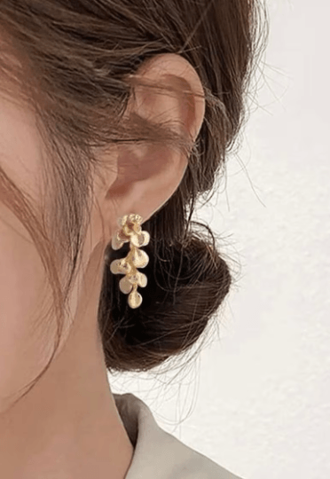 Fallen leaf Flower Gold statement earrings | dangly drop earrings | floral geometric earrings | Korean earrings - TuttyKnitty