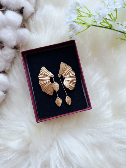 Fan shaped leaf dangle | Flower Matte Gold statement earrings | dangly drop earrings | floral geometric earrings - TuttyKnitty