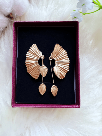 Fan shaped leaf dangle | Flower Matte Gold statement earrings | dangly drop earrings | floral geometric earrings - TuttyKnitty