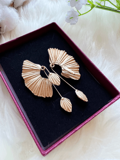 Fan shaped leaf dangle | Flower Matte Gold statement earrings | dangly drop earrings | floral geometric earrings - TuttyKnitty