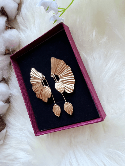 Fan shaped leaf dangle | Flower Matte Gold statement earrings | dangly drop earrings | floral geometric earrings - TuttyKnitty