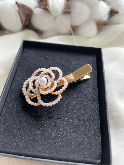 Floral style golden pearl camellia hair clips with pearl flower petals | korean hair accessories | 3D flower art hair clip - TuttyKnitty