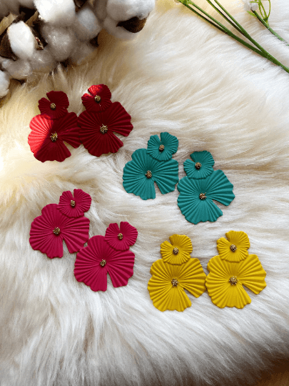 Flower petal leaf colouful statement earrings | dangly drop earrings | oversize floral earrings | lightweight party earrings - TuttyKnitty