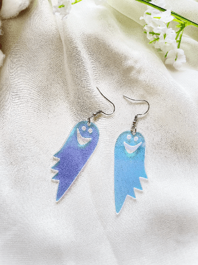 Funny ghost earrings | fun retro party earrings | colourful clear iridescent dangle earrings | hologram fun earrings | halloween party - TuttyKnitty