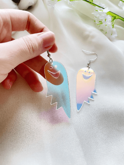 Funny ghost earrings | fun retro party earrings | colourful clear iridescent dangle earrings | hologram fun earrings | halloween party - TuttyKnitty