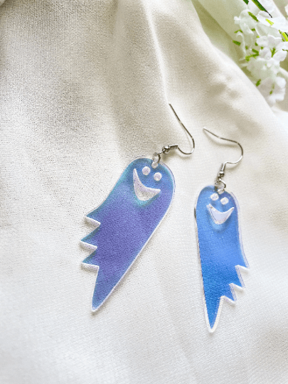 Funny ghost earrings | fun retro party earrings | colourful clear iridescent dangle earrings | hologram fun earrings | halloween party - TuttyKnitty