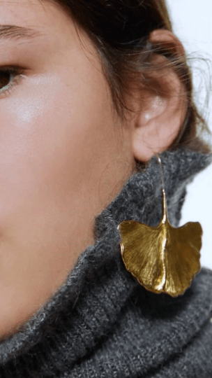 Ginkgo leaf Flower Gold statement earrings | dangly drop earrings | floral geometric earrings | Korean earrings Inactive - TuttyKnitty