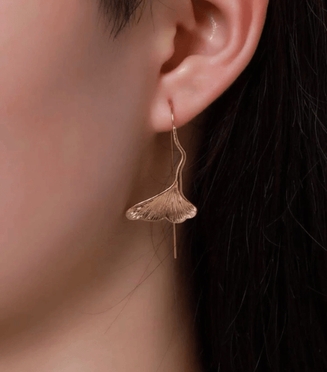 Ginkgo leaf Flower Gold statement earrings | dangly drop earrings | floral geometric earrings | Korean earrings - TuttyKnitty