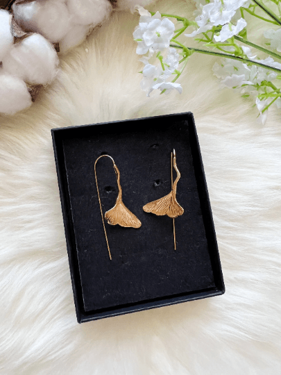 Ginkgo leaf Flower Gold statement earrings | dangly drop earrings | floral geometric earrings | Korean earrings - TuttyKnitty