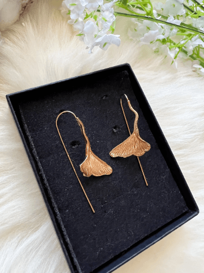 Ginkgo leaf Flower Gold statement earrings | dangly drop earrings | floral geometric earrings | Korean earrings - TuttyKnitty