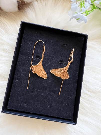 Ginkgo leaf Flower Gold statement earrings | dangly drop earrings | floral geometric earrings | Korean earrings - TuttyKnitty