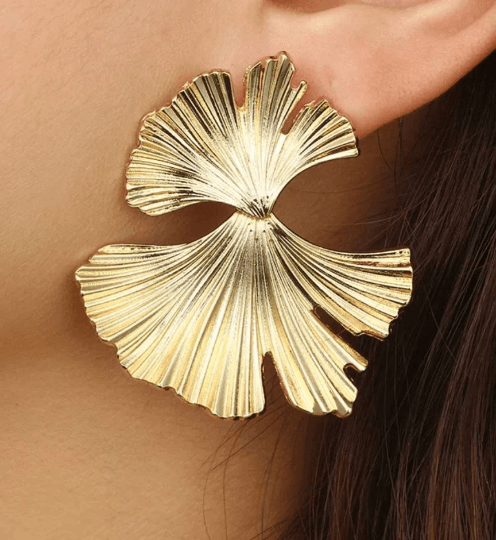 Ginkgo leaf Flower Gold statement earrings | dangly drop earrings | floral geometric earrings | Korean earrings - TuttyKnitty