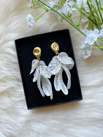 Gold and white frosted flower earrings earrings | baroque pearlescent shell petals earrings | spring floral earrings | bridal party wedding - TuttyKnitty