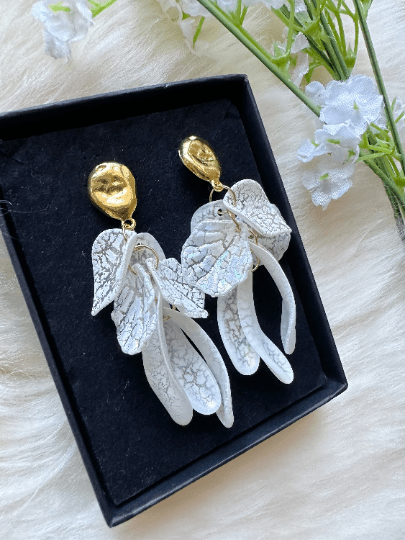 Gold and white frosted flower earrings earrings | baroque pearlescent shell petals earrings | spring floral earrings | bridal party wedding - TuttyKnitty