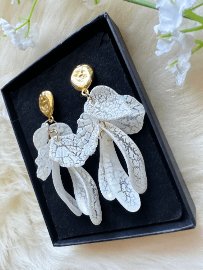 Gold and white frosted flower earrings earrings | baroque pearlescent shell petals earrings | spring floral earrings | bridal party wedding - TuttyKnitty