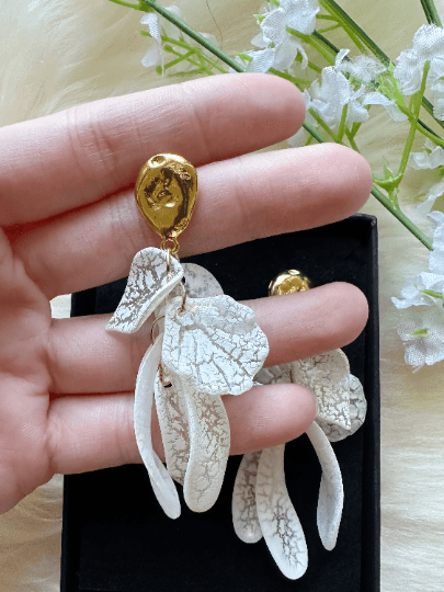 Gold and white frosted flower earrings earrings | baroque pearlescent shell petals earrings | spring floral earrings | bridal party wedding - TuttyKnitty