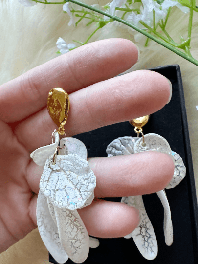 Gold and white frosted flower earrings earrings | baroque pearlescent shell petals earrings | spring floral earrings | bridal party wedding - TuttyKnitty