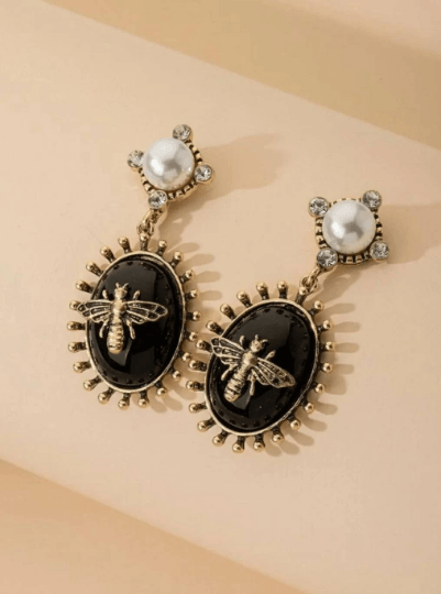 Gold bee black resin statement earrings with pearl| style pearl rhinestone earrings | rhinestone dangle oversize earrings - TuttyKnitty