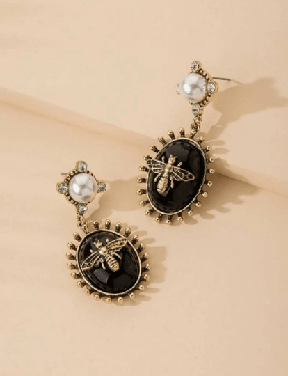 Gold bee black resin statement earrings with pearl| style pearl rhinestone earrings | rhinestone dangle oversize earrings - TuttyKnitty