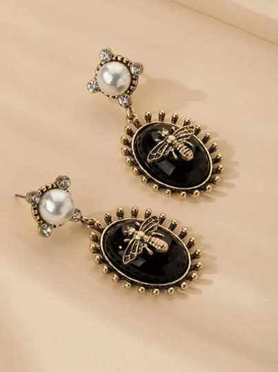 Gold bee black resin statement earrings with pearl| style pearl rhinestone earrings | rhinestone dangle oversize earrings - TuttyKnitty