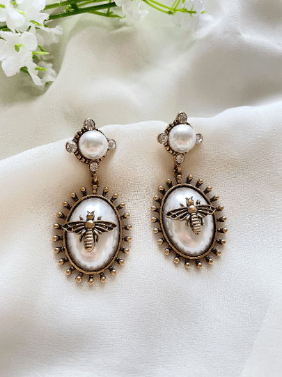 Gold bee black resin statement earrings with pearl| style pearl rhinestone earrings | rhinestone dangle oversize earrings - TuttyKnitty