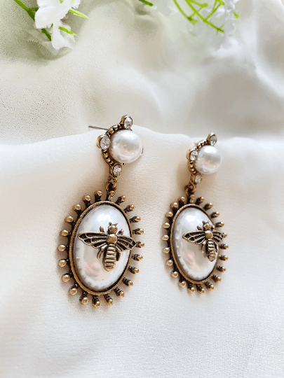 Gold bee black resin statement earrings with pearl| style pearl rhinestone earrings | rhinestone dangle oversize earrings - TuttyKnitty