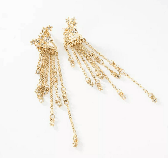 Gold chain glittering star constellations earrings| Golden diamante dangle earrings | Statement earrings | Celestial crystal bead chain jacket earrings - TuttyKnitty