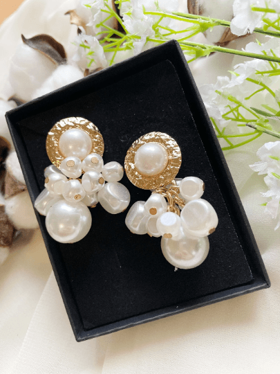 Gold dangle earrings with pearl| crumpled hammered golden metal drop earrings | baroque style earrings | Korean style earrings - TuttyKnitty