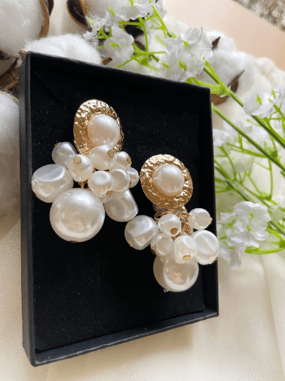 Gold dangle earrings with pearl| crumpled hammered golden metal drop earrings | baroque style earrings | Korean style earrings - TuttyKnitty