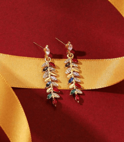 Gold dangle leaf earrings colourful rhinestones| glitter rhinestones christmas earrings | minimalist earrings | Korean style earrings - TuttyKnitty