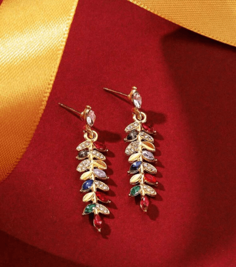 Gold dangle leaf earrings colourful rhinestones| glitter rhinestones christmas earrings | minimalist earrings | Korean style earrings - TuttyKnitty