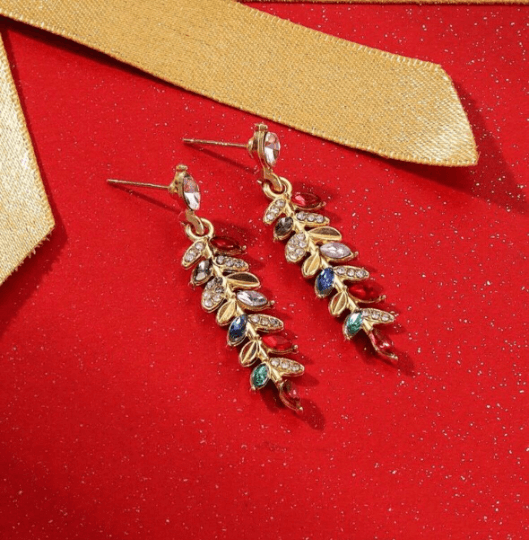 Gold dangle leaf earrings colourful rhinestones| glitter rhinestones christmas earrings | minimalist earrings | Korean style earrings - TuttyKnitty