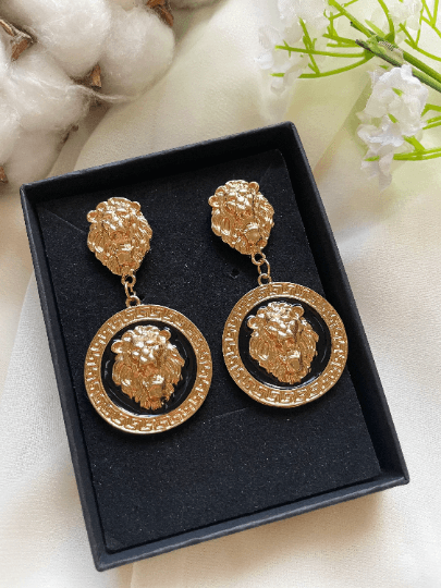 Gold earrings with gold coins |Gold Lion head earrings | korean earrings | baroque style earrings| Medallion shaped dangle earrings - TuttyKnitty