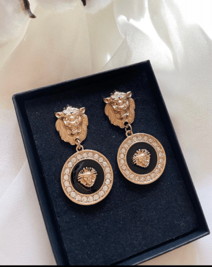 Gold earrings with gold coins |Gold Lion head earrings | korean earrings | baroque style earrings| Medallion shaped dangle earrings - TuttyKnitty