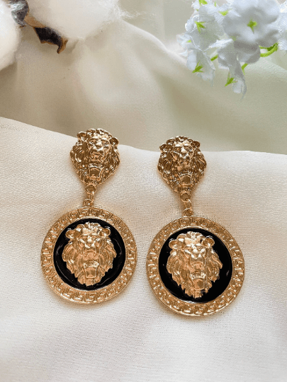 Gold earrings with gold coins |Gold Lion head earrings | korean earrings | baroque style earrings| Medallion shaped dangle earrings - TuttyKnitty