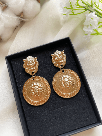 Gold earrings with gold coins |Gold Lion head earrings | korean earrings | baroque style earrings| Medallion shaped dangle earrings - TuttyKnitty