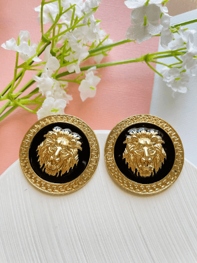 Gold earrings with gold coins |Gold Lion head earrings | korean earrings | baroque style earrings| Medallion shaped dangle earrings - TuttyKnitty