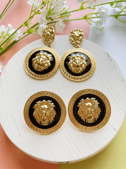 Gold earrings with gold coins |Gold Lion head earrings | korean earrings | baroque style earrings| Medallion shaped dangle earrings - TuttyKnitty