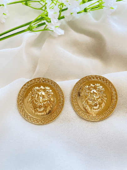 Gold earrings with gold coins |Gold Lion head earrings | korean earrings | baroque style earrings| Medallion shaped dangle earrings - TuttyKnitty