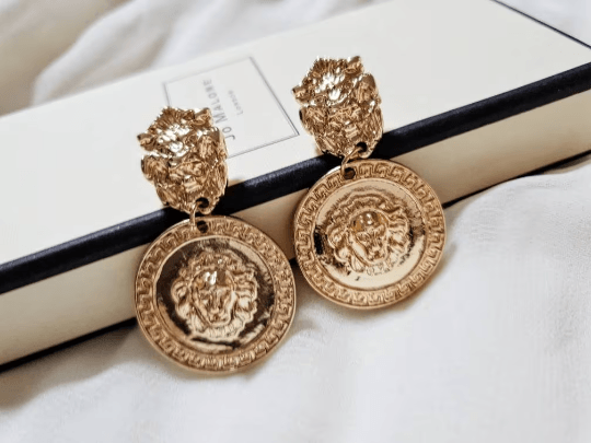 Gold earrings with gold coins |Gold Lion head earrings | korean earrings | baroque style earrings| Medallion shaped dangle earrings - TuttyKnitty