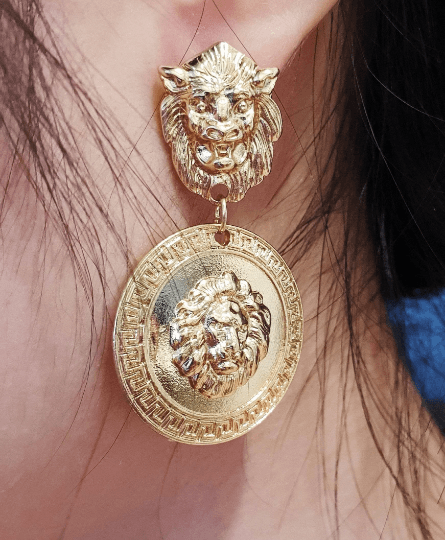 Gold earrings with gold coins |Gold Lion head earrings | korean earrings | baroque style earrings| Medallion shaped dangle earrings - TuttyKnitty